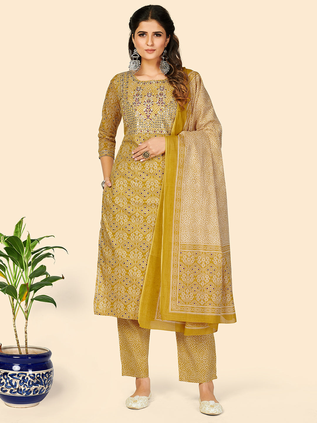 NOZ2TOZ Women's Embroidered & Sequience Work Straight Cotton Yellow Stitched Kurta Pant With Dupatta 