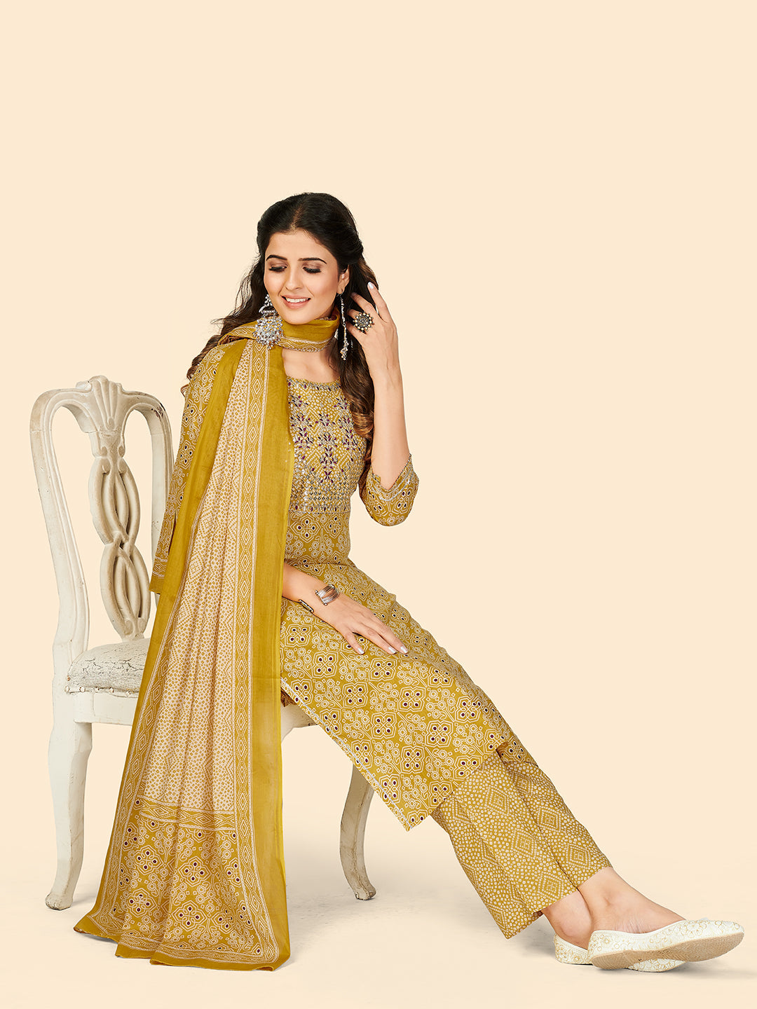 NOZ2TOZ Women's Embroidered & Sequience Work Straight Cotton Yellow Stitched Kurta Pant With Dupatta 