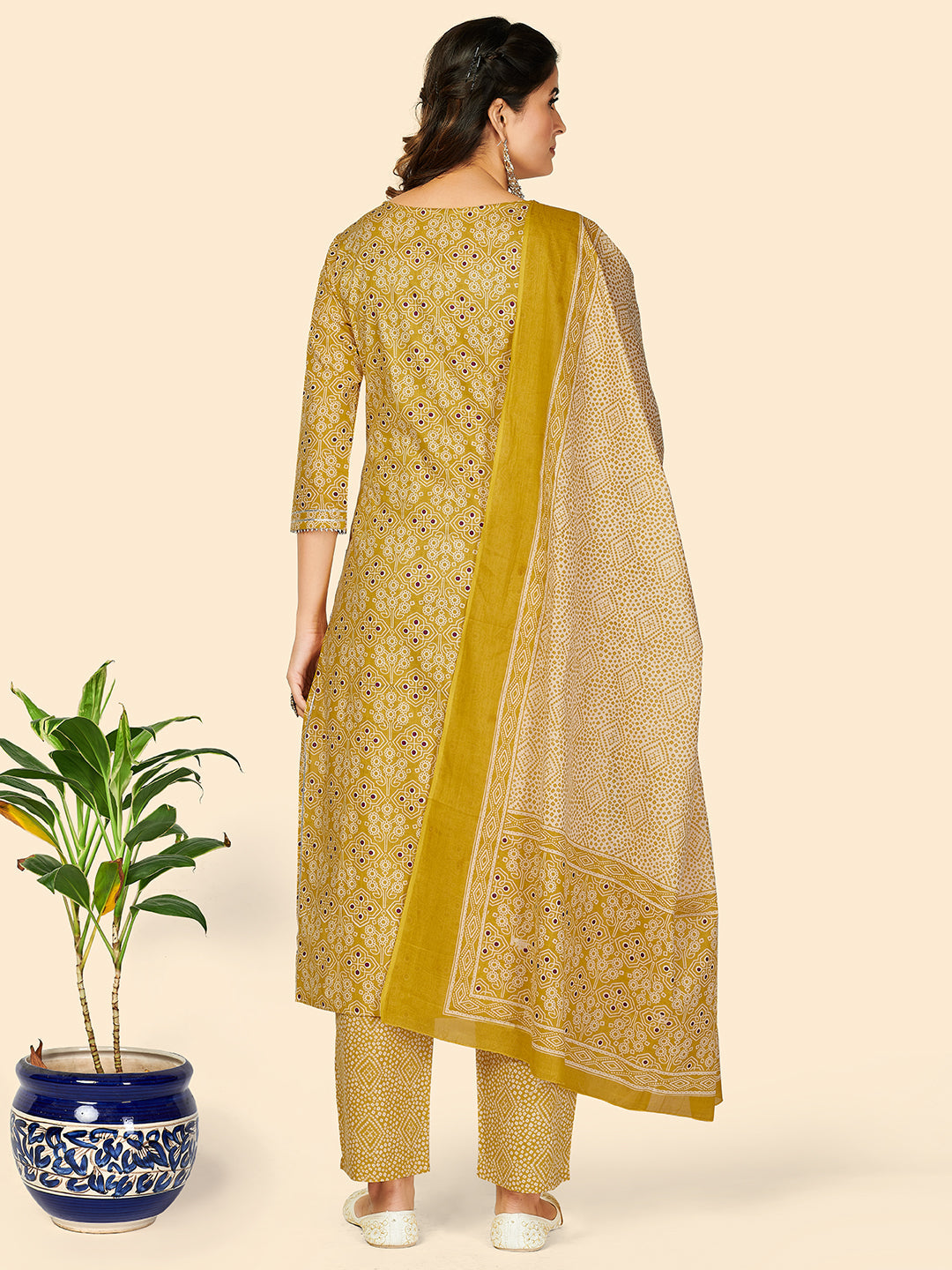 NOZ2TOZ Women's Embroidered & Sequience Work Straight Cotton Yellow Stitched Kurta Pant With Dupatta 
