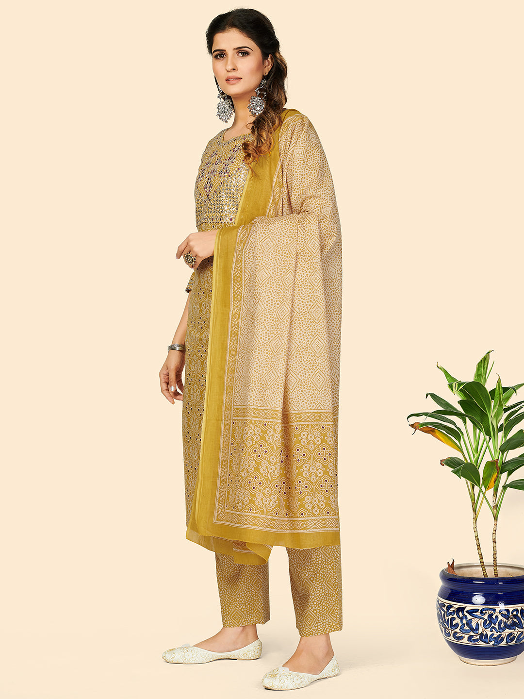 NOZ2TOZ Women's Embroidered & Sequience Work Straight Cotton Yellow Stitched Kurta Pant With Dupatta 