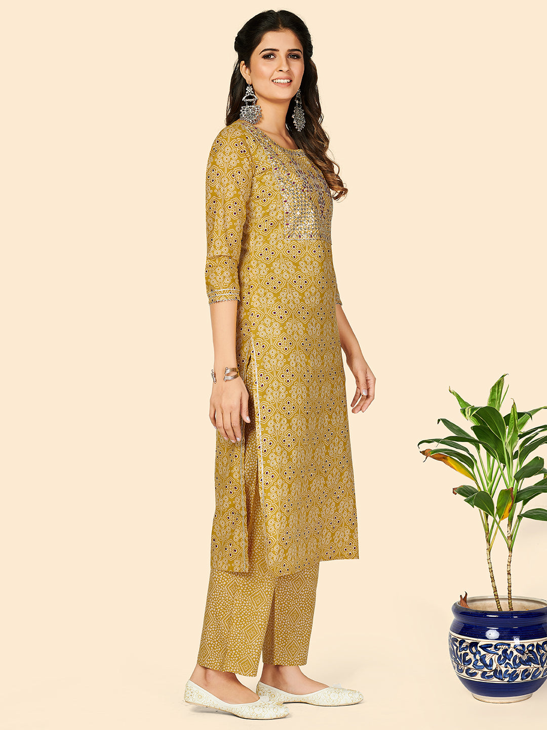 NOZ2TOZ Women's Embroidered & Sequience Work Straight Cotton Yellow Stitched Kurta Pant With Dupatta 