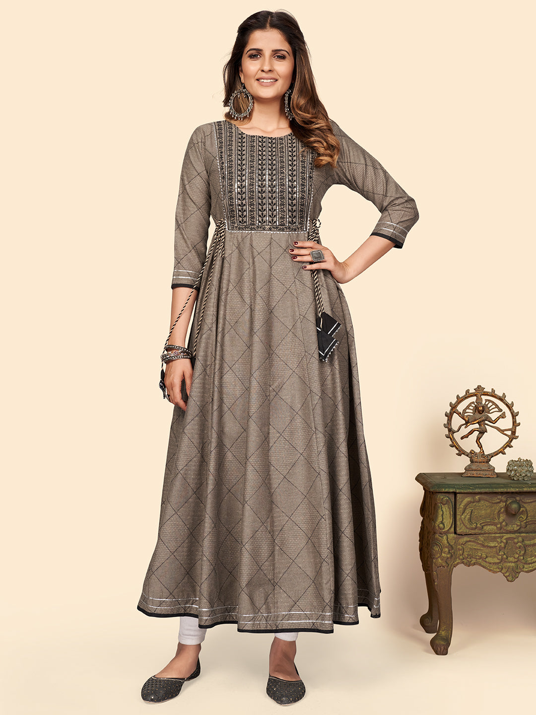 NOZ2TOZ Women's Embroidered Anarkali Cotton Bland Brown Stitched Kurta 