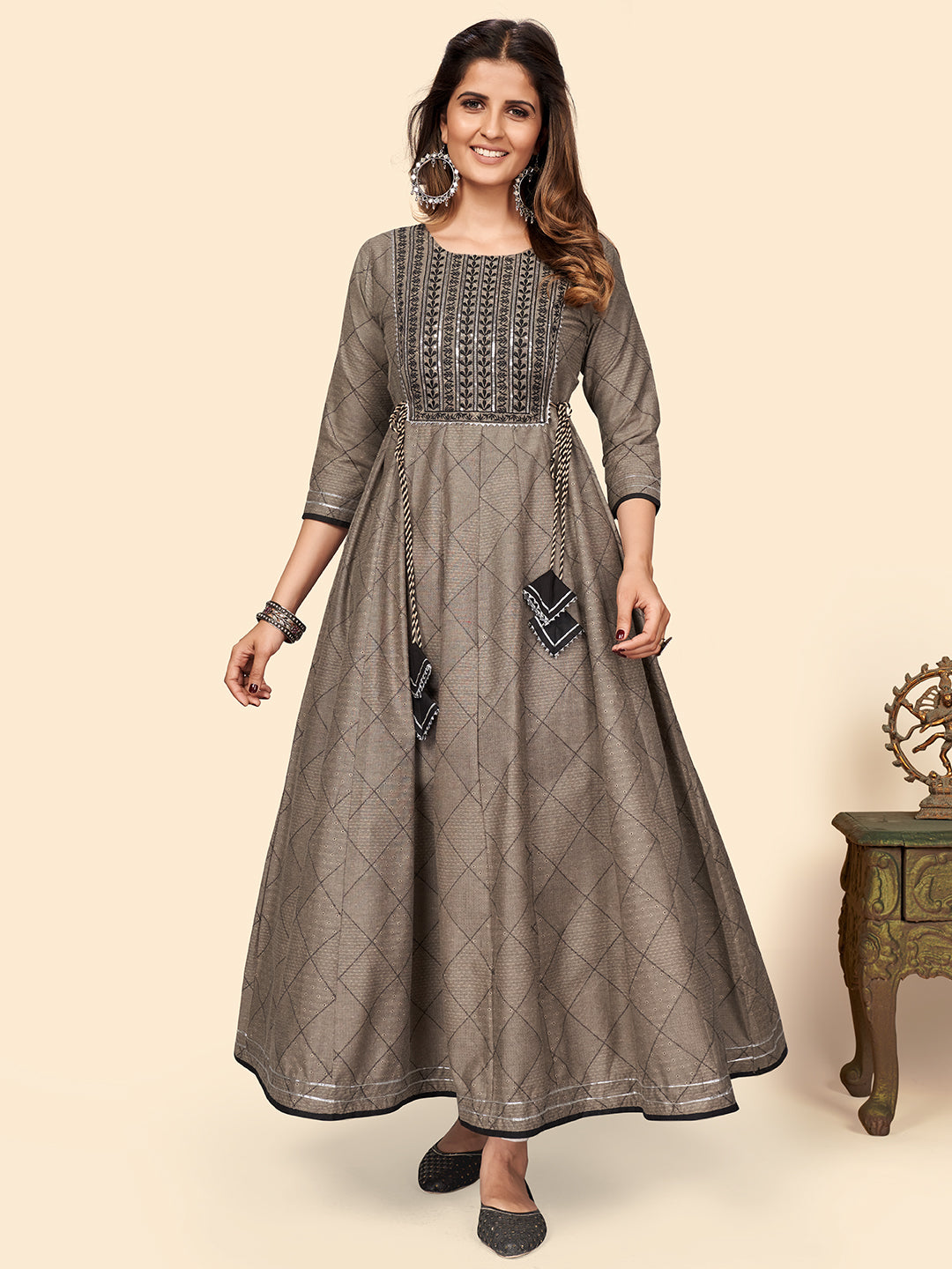 NOZ2TOZ Women's Embroidered Anarkali Cotton Bland Brown Stitched Kurta 