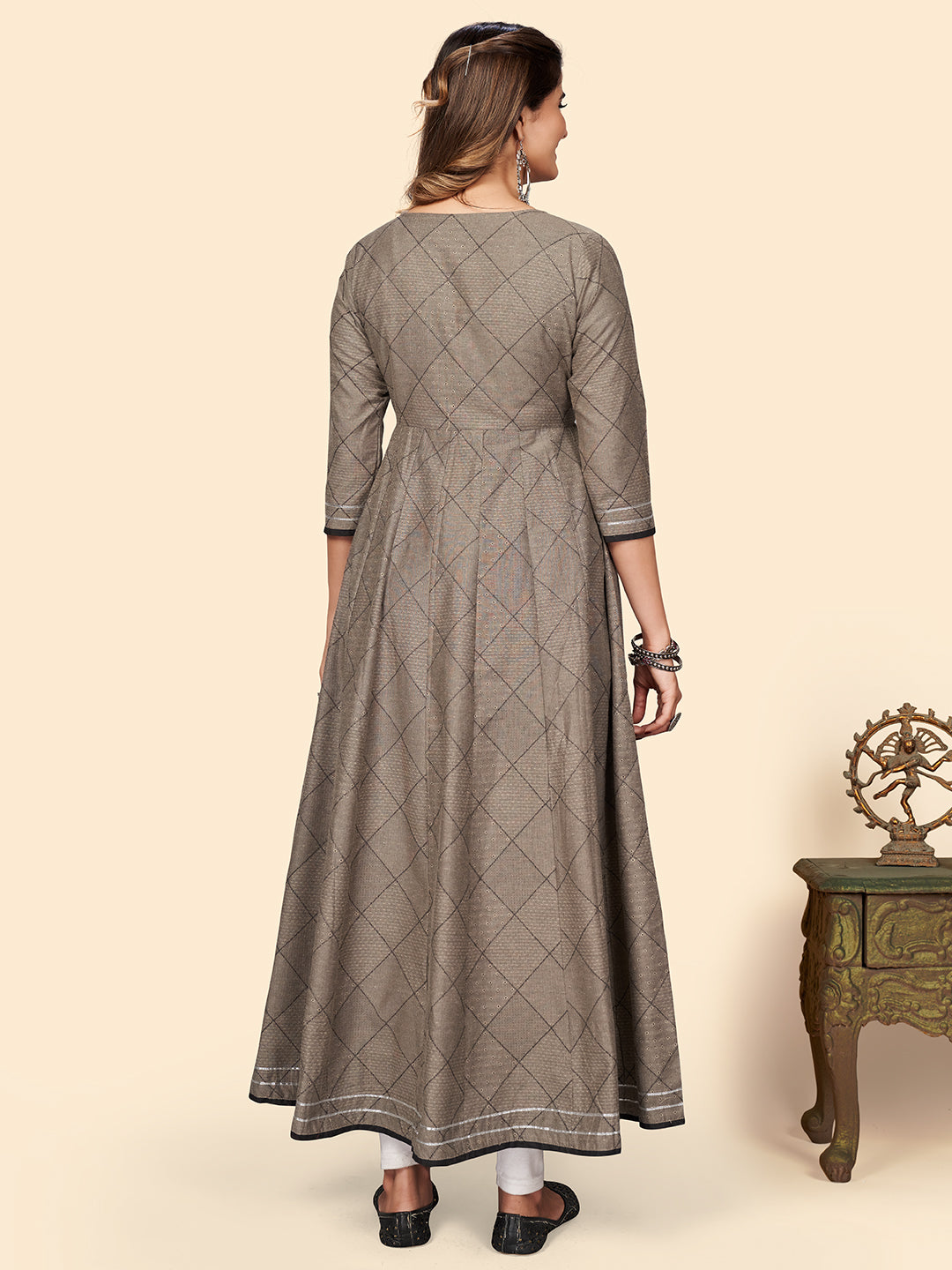 NOZ2TOZ Women's Embroidered Anarkali Cotton Bland Brown Stitched Kurta 
