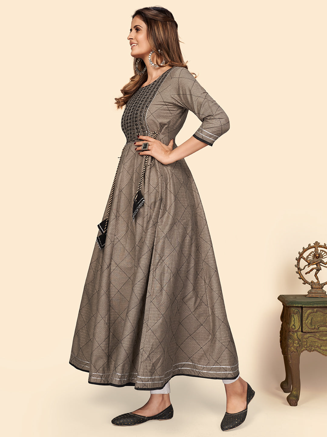 NOZ2TOZ Women's Embroidered Anarkali Cotton Bland Brown Stitched Kurta 