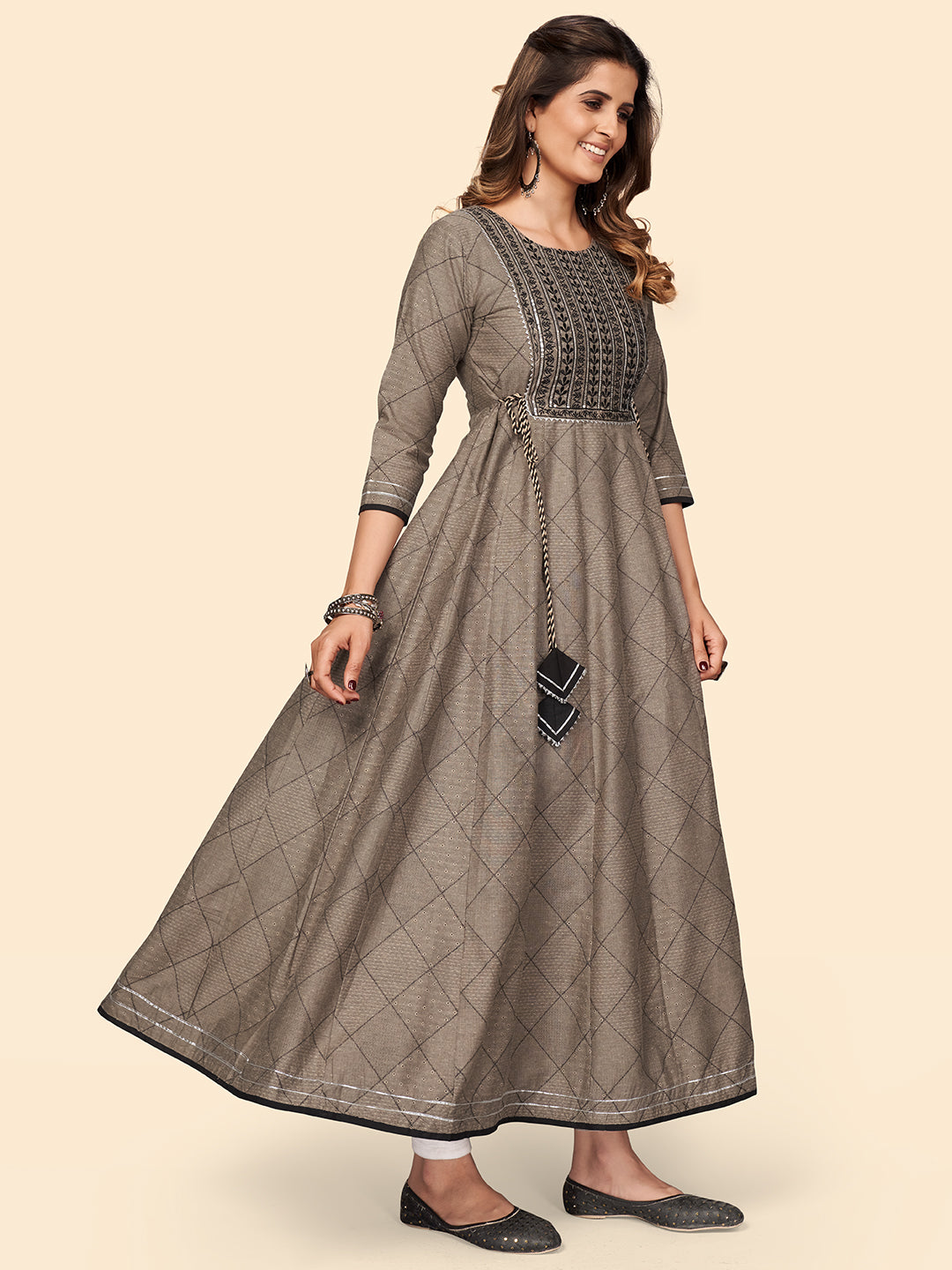 NOZ2TOZ Women's Embroidered Anarkali Cotton Bland Brown Stitched Kurta 