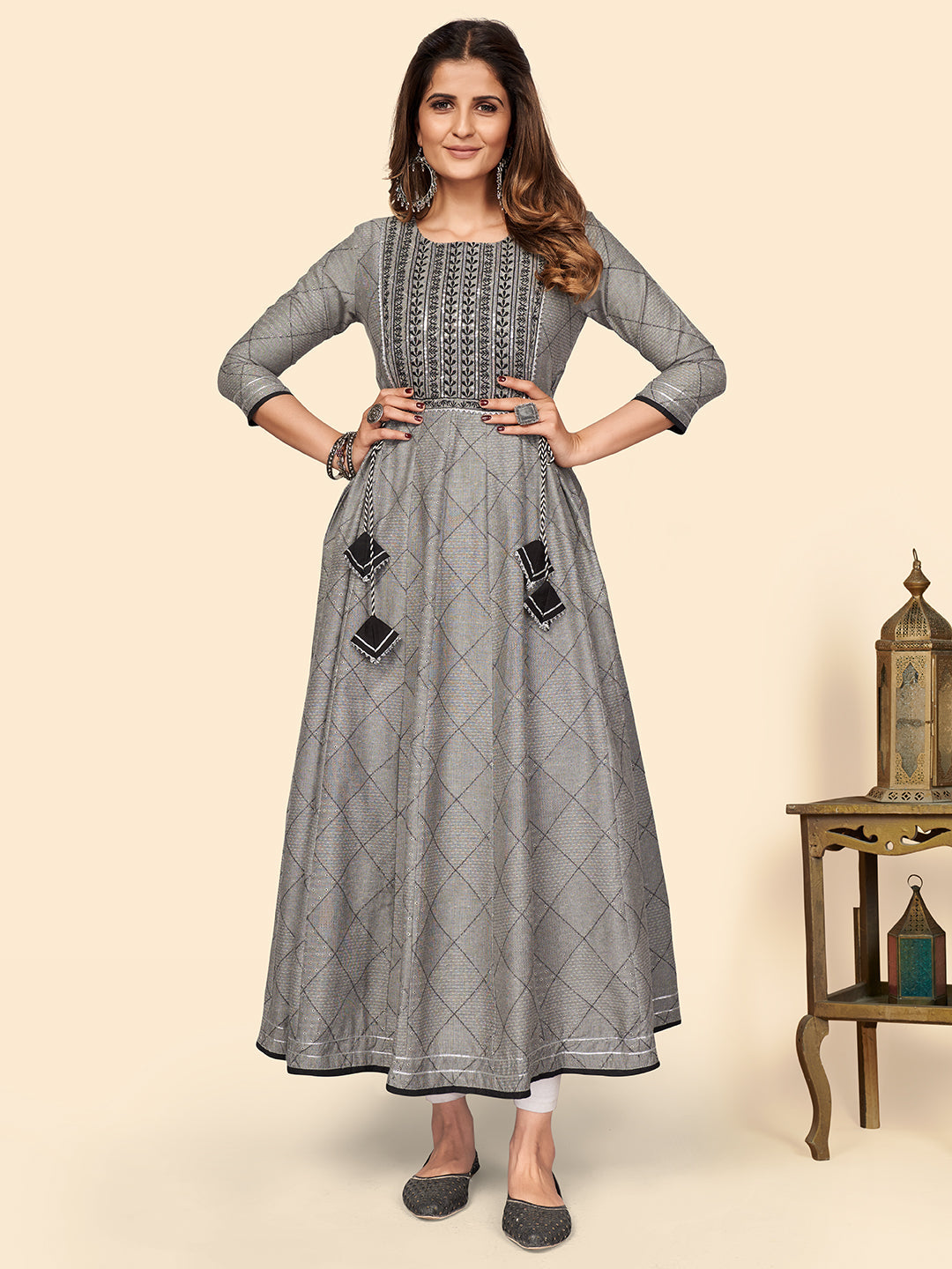 NOZ2TOZ Women's Embroidered Anarkali Cotton Bland Grey Stitched Kurta 