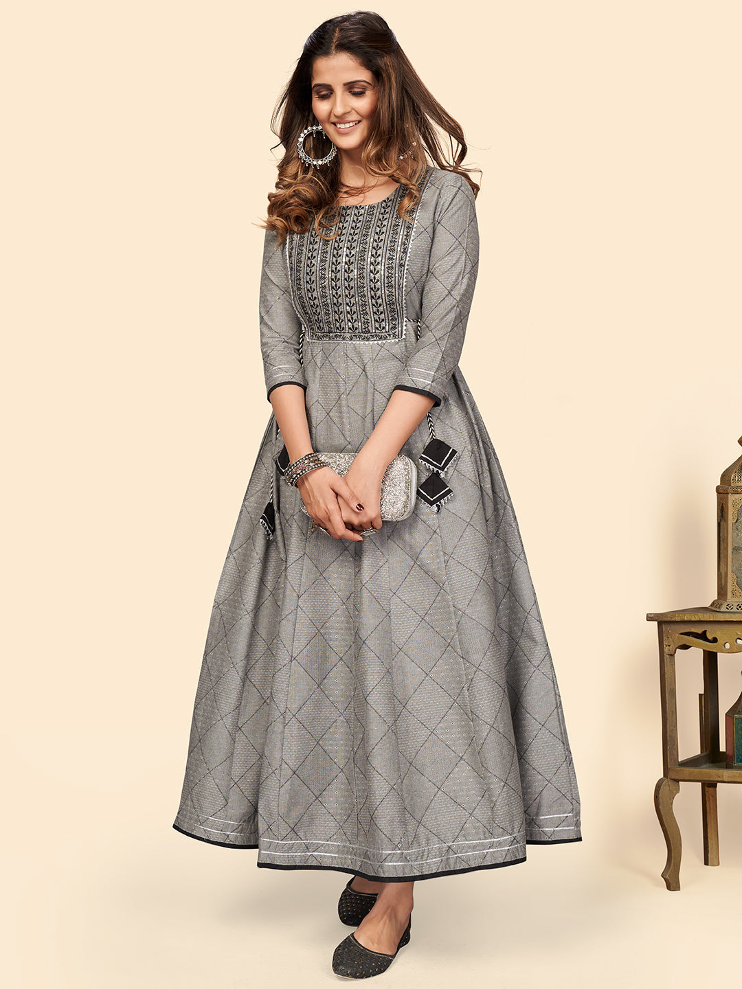 NOZ2TOZ Women's Embroidered Anarkali Cotton Bland Grey Stitched Kurta 