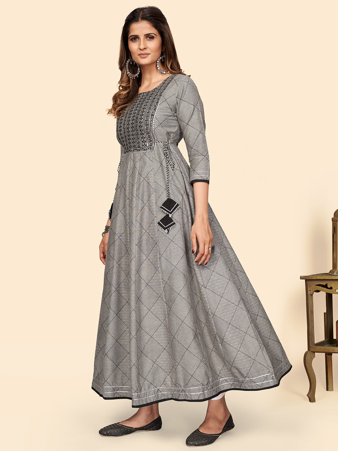 NOZ2TOZ Women's Embroidered Anarkali Cotton Bland Grey Stitched Kurta 