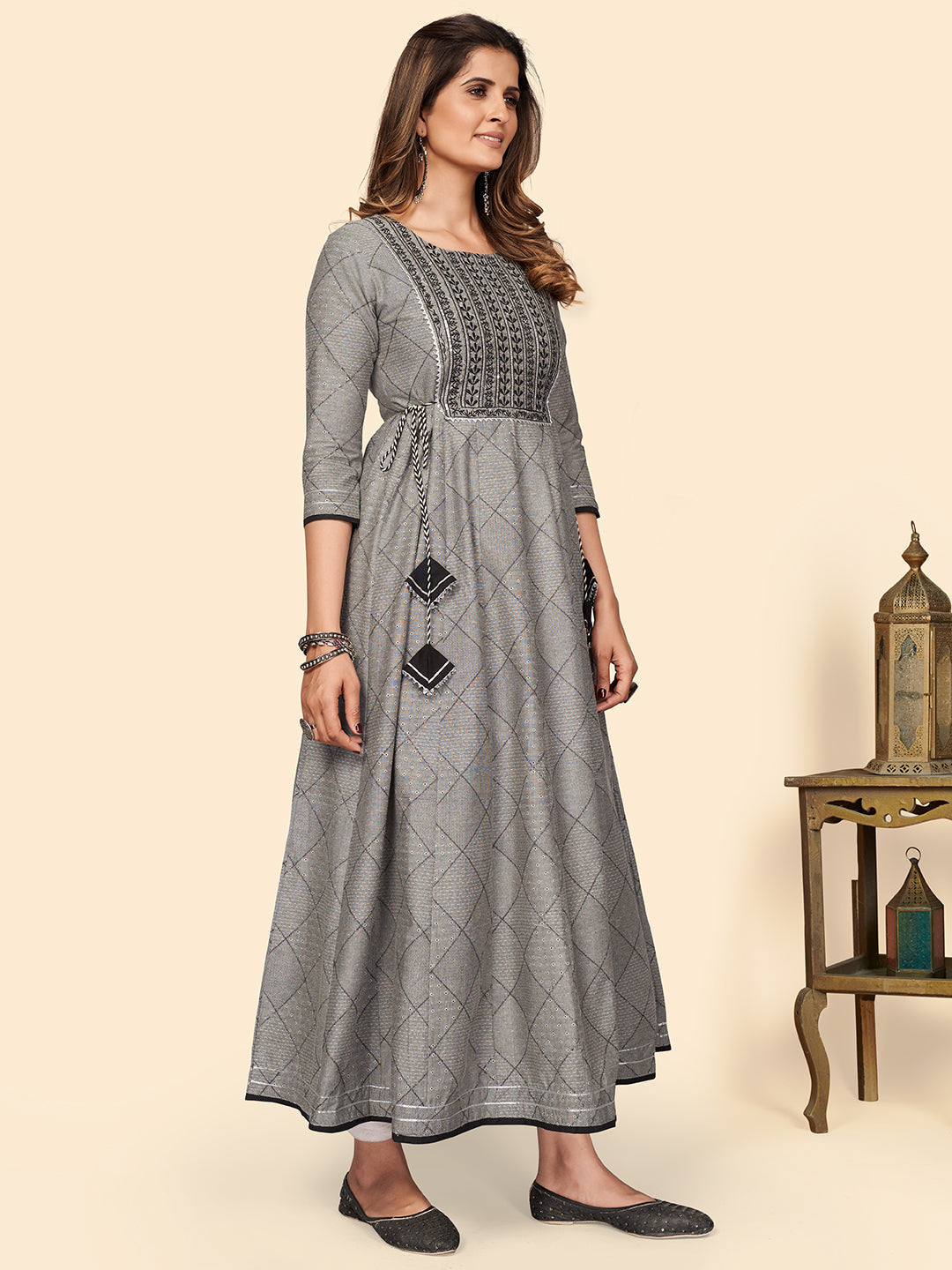 NOZ2TOZ Women's Embroidered Anarkali Cotton Bland Grey Stitched Kurta 