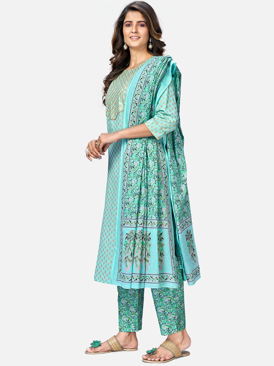 NOZ2TOZ Women's Turquoise Kurta & Pant With Dupatta set- (3pcs set) 