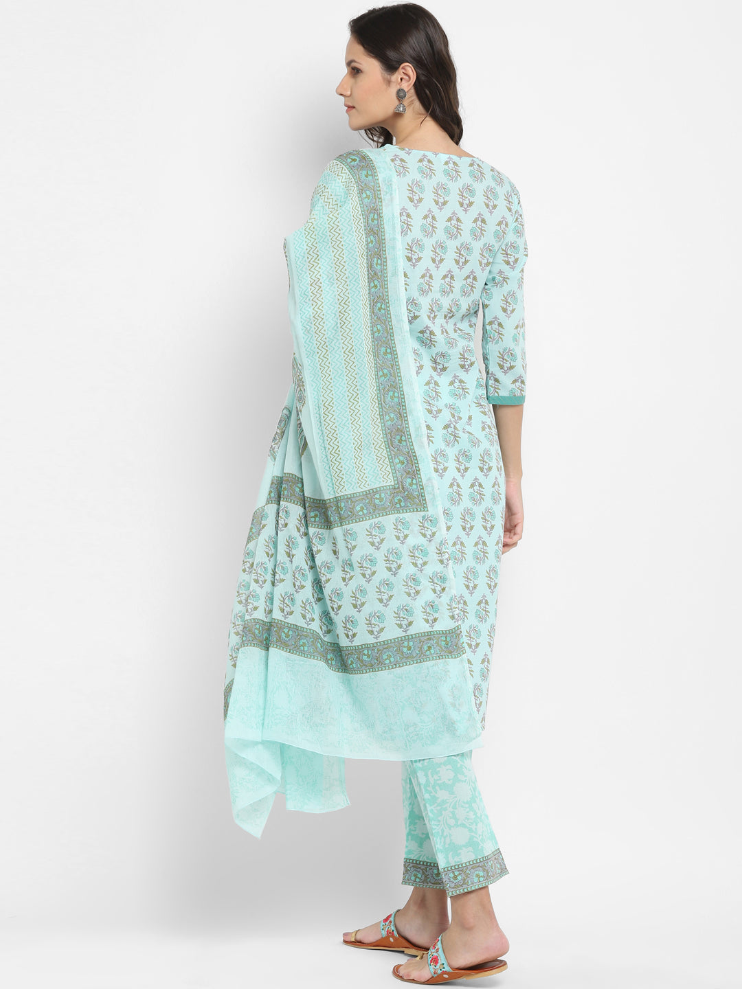 NOZ2TOZ Women Aqua Blue Printed Cotton Kurta with Pants & Dupatta (3 Pc Set) 