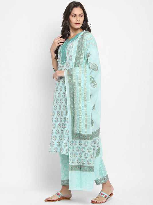 NOZ2TOZ Women Aqua Blue Printed Cotton Kurta with Pants & Dupatta (3 Pc Set) 