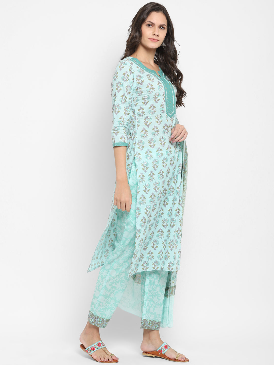 NOZ2TOZ Women Aqua Blue Printed Cotton Kurta with Pants & Dupatta (3 Pc Set) 
