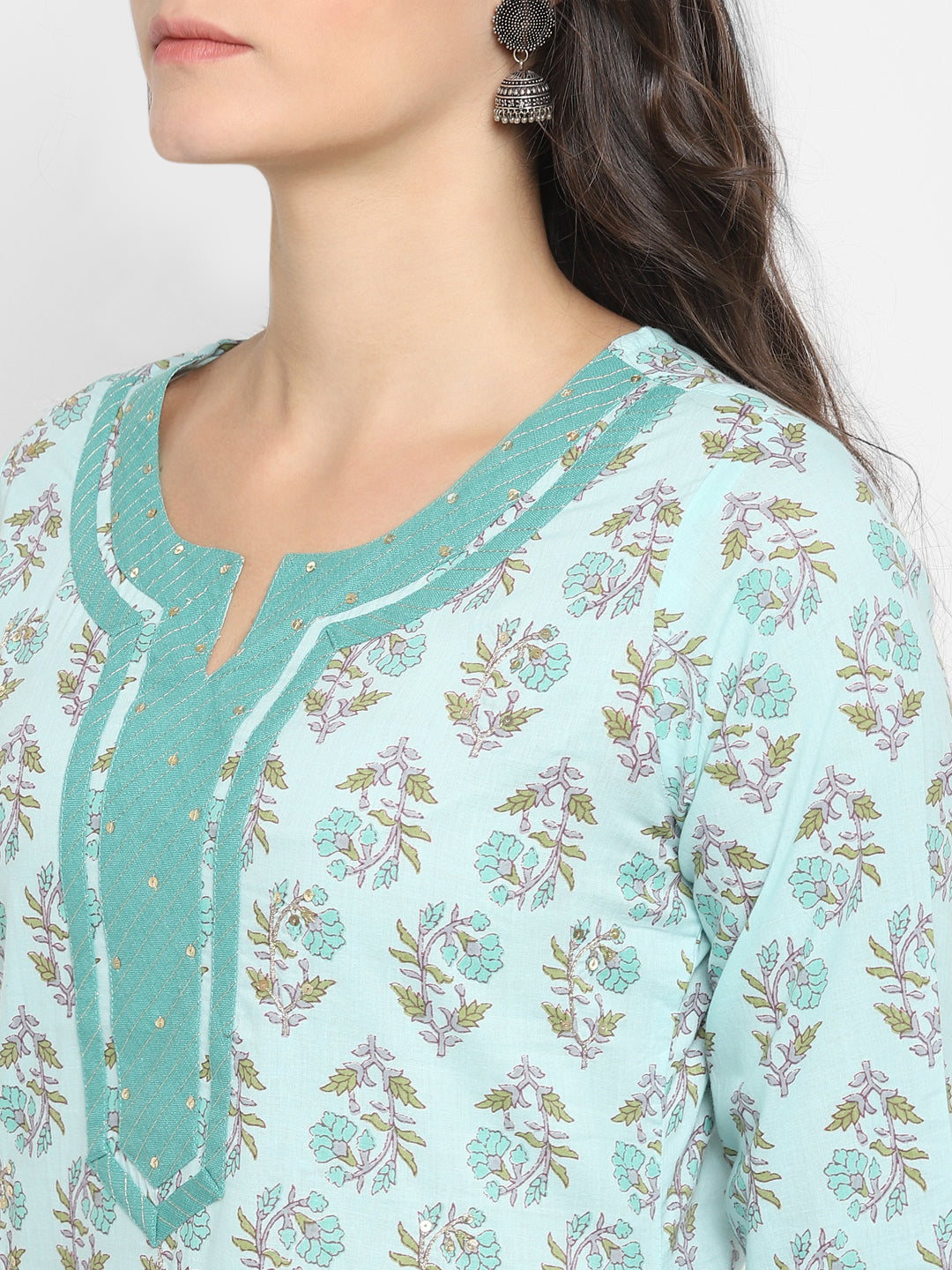 NOZ2TOZ Women Aqua Blue Printed Cotton Kurta with Pants & Dupatta (3 Pc Set) 