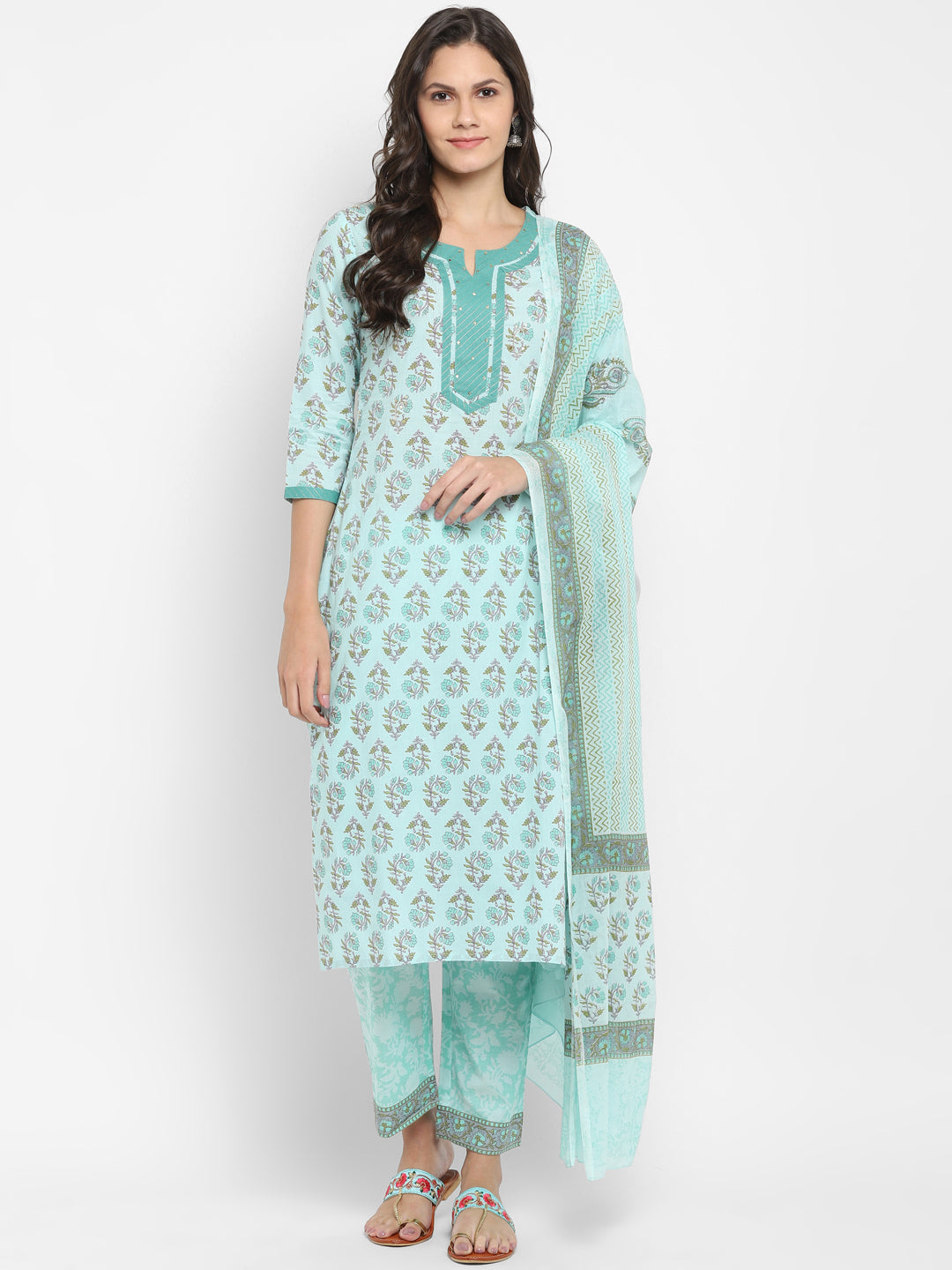 NOZ2TOZ Women Aqua Blue Printed Cotton Kurta with Pants & Dupatta (3 Pc Set) 