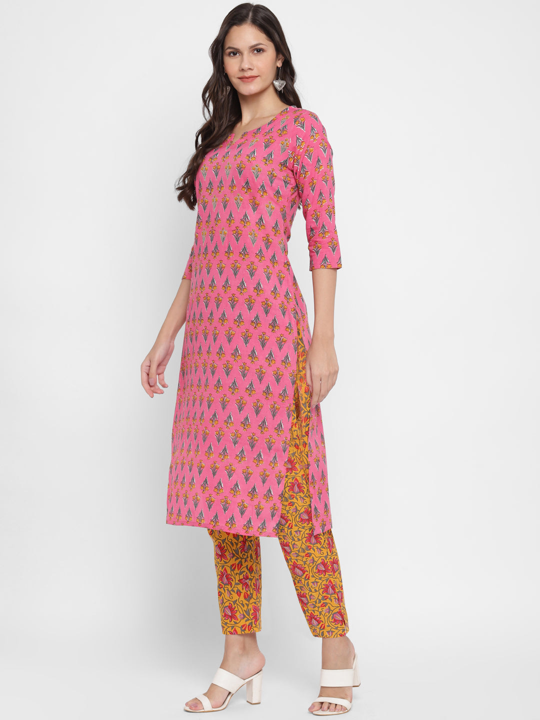 NOZ2TOZ Women's Embroidered & Printed Straight Cotton Pink Kurta With Pant 