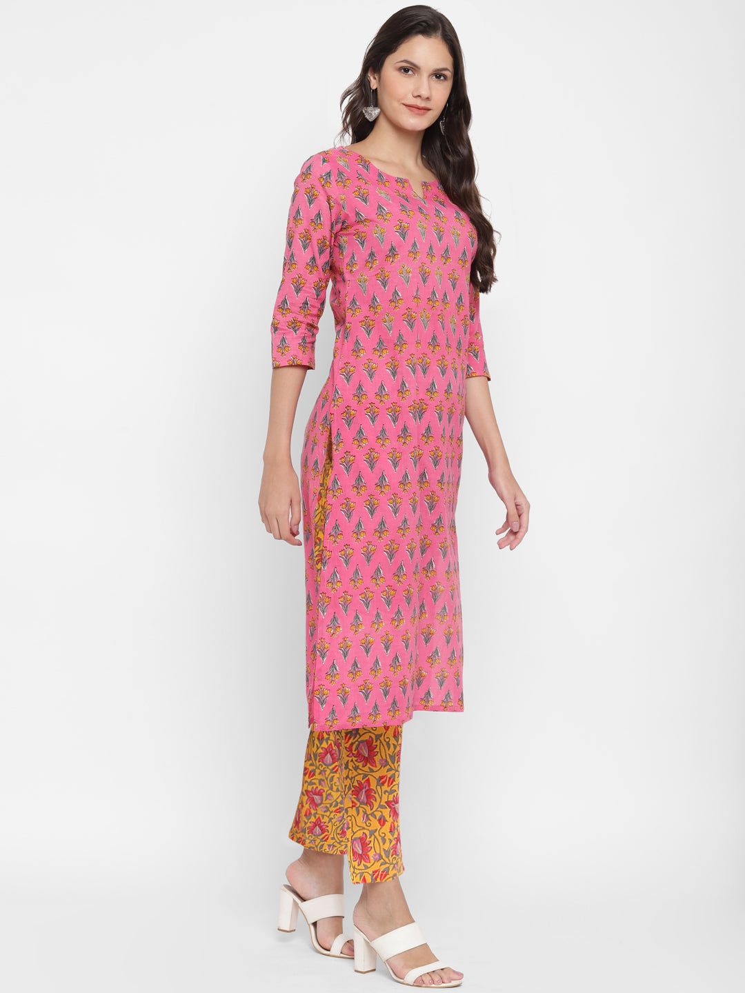 NOZ2TOZ Women's Embroidered & Printed Straight Cotton Pink Kurta With Pant 