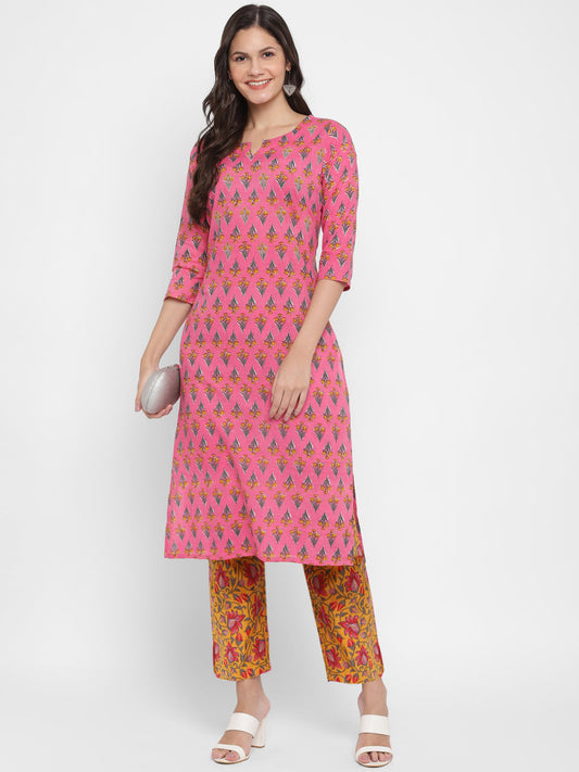 NOZ2TOZ Women's Embroidered & Printed Straight Cotton Pink Kurta With Pant 