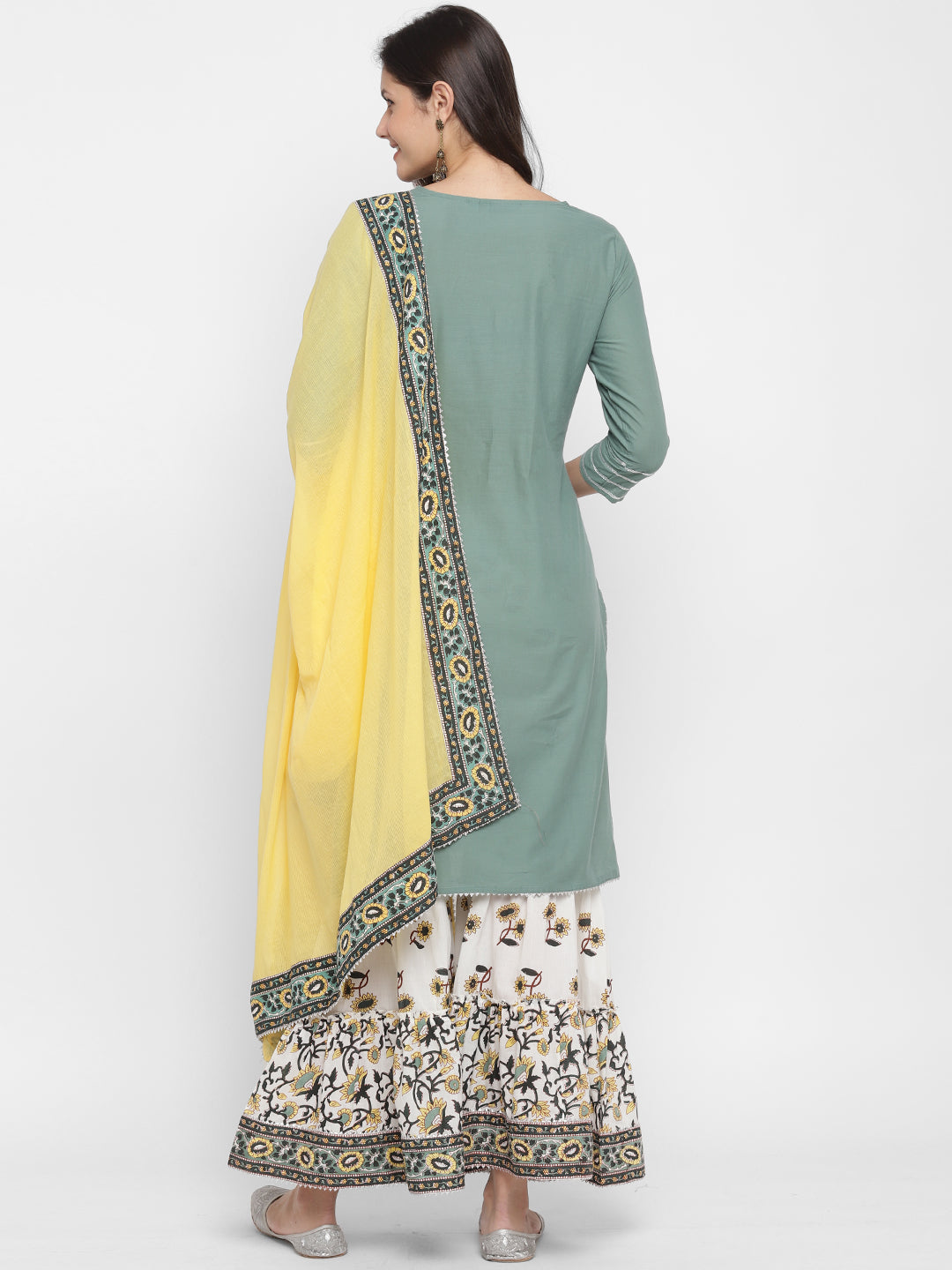 NOZ2TOZ Women's Solid, Sequence & Gotta Patti Straight Cotton Olive Green Kurta Sharara With Dupatta 