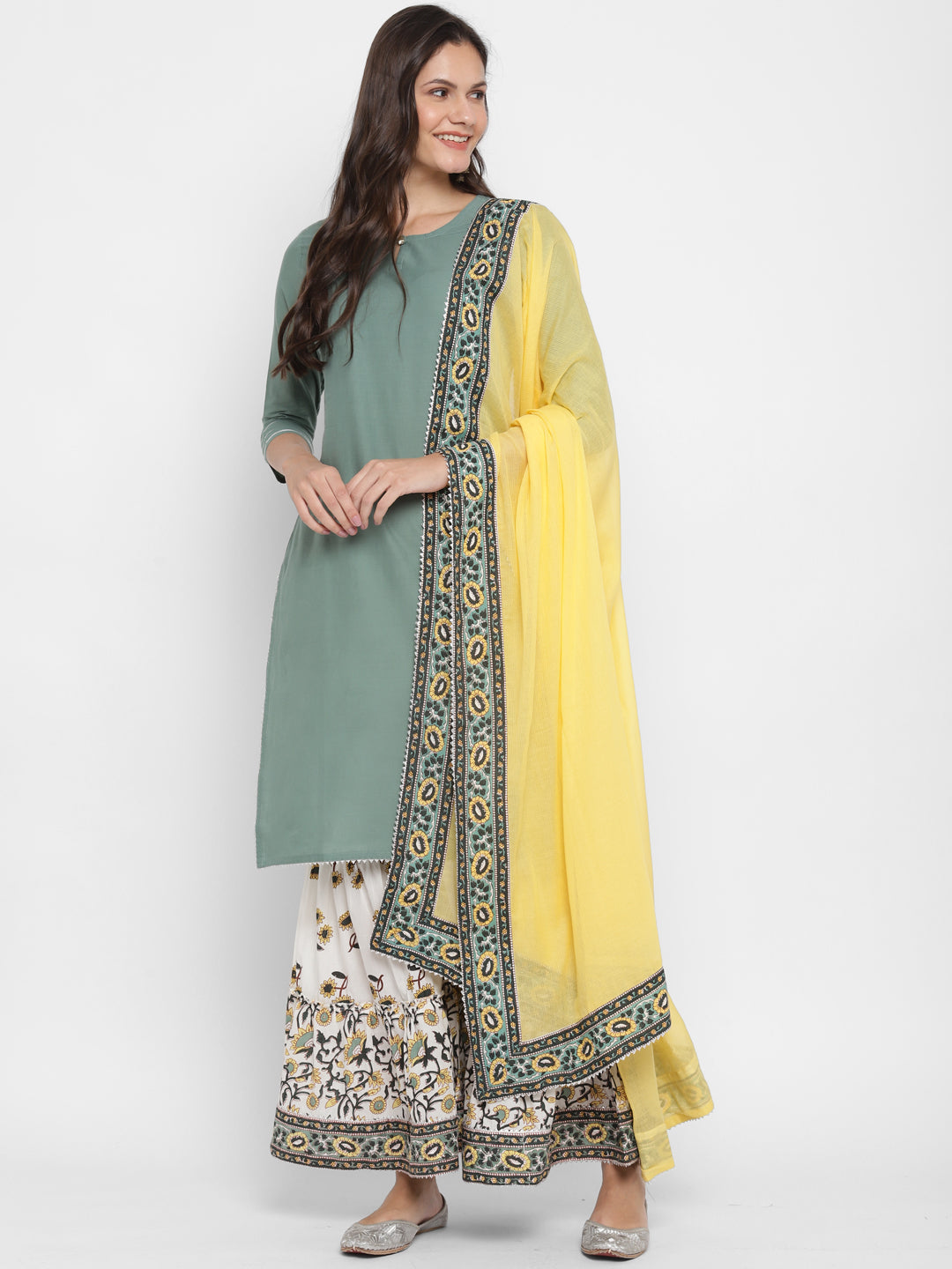 NOZ2TOZ Women's Solid, Sequence & Gotta Patti Straight Cotton Olive Green Kurta Sharara With Dupatta 