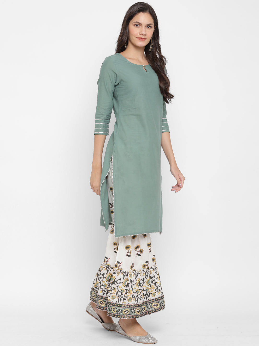 NOZ2TOZ Women's Solid, Sequence & Gotta Patti Straight Cotton Olive Green Kurta Sharara With Dupatta 