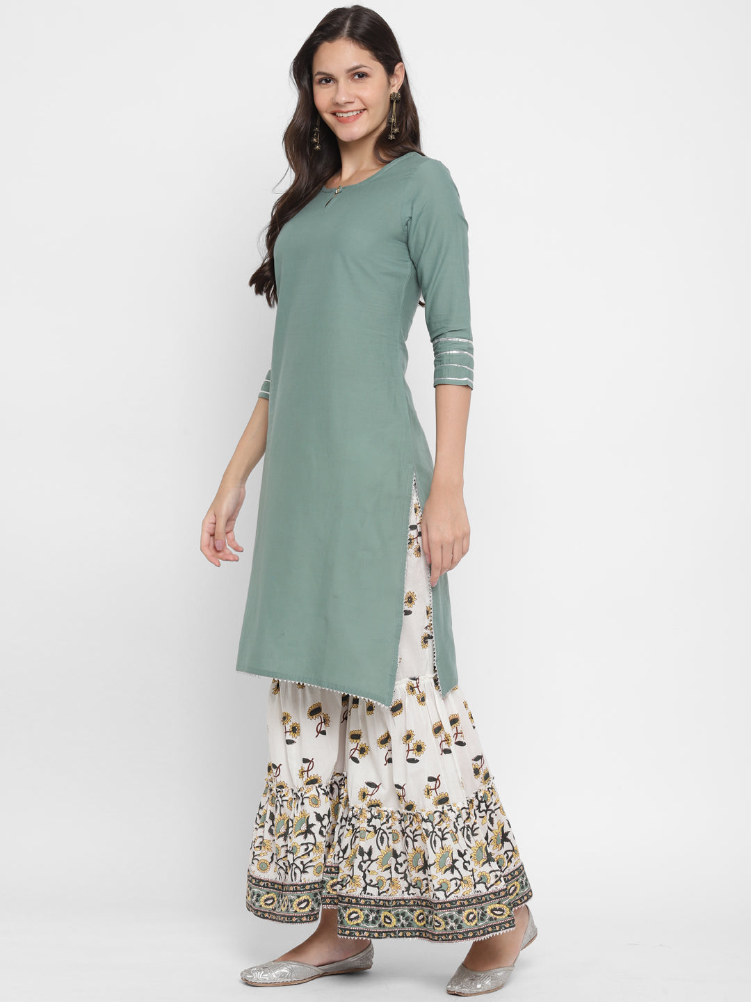 NOZ2TOZ Women's Solid, Sequence & Gotta Patti Straight Cotton Olive Green Kurta Sharara With Dupatta 