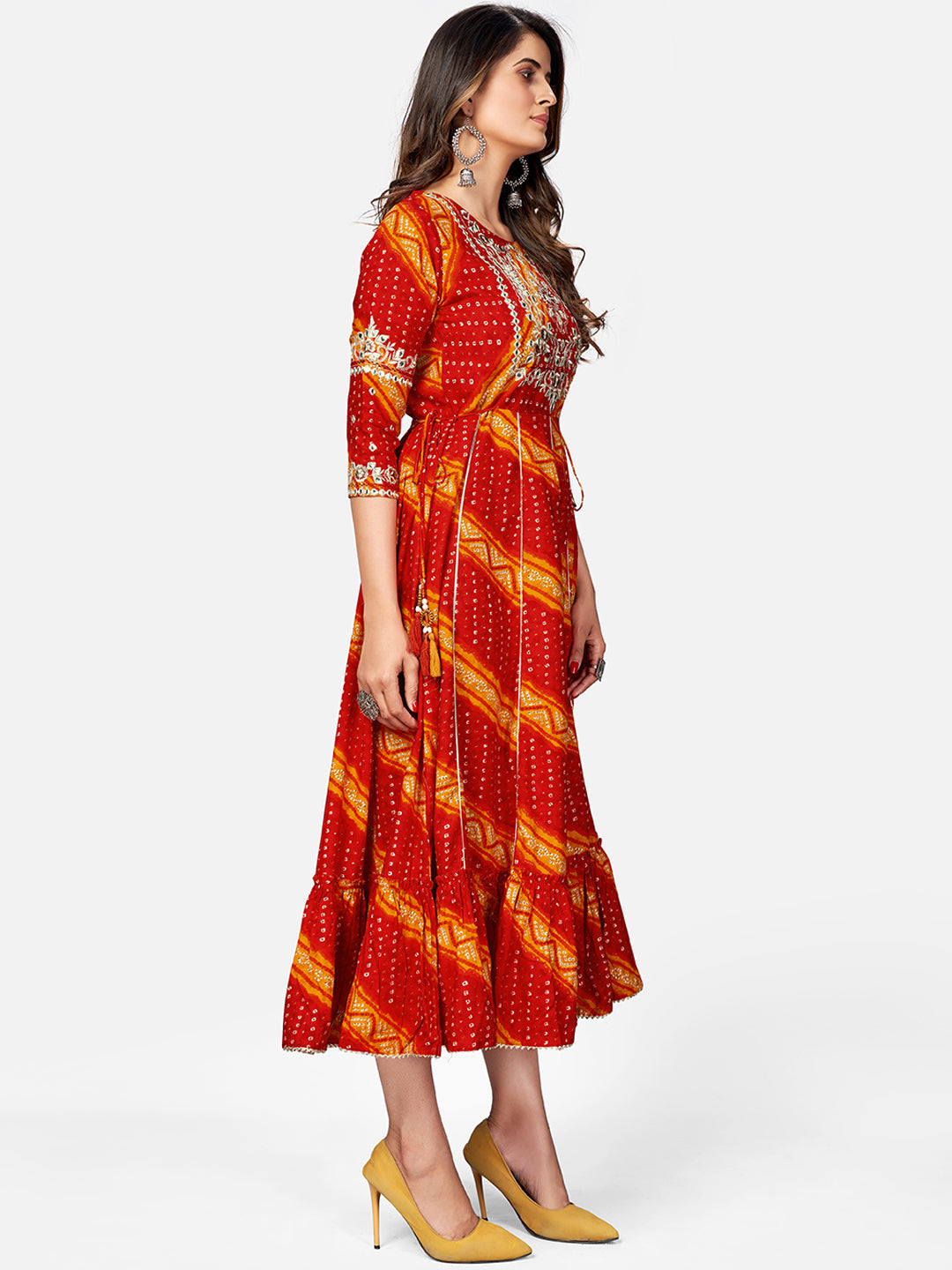 NOZ2TOZ Women's Red Bandhani Anarkali Kurta- (1pc Set) 