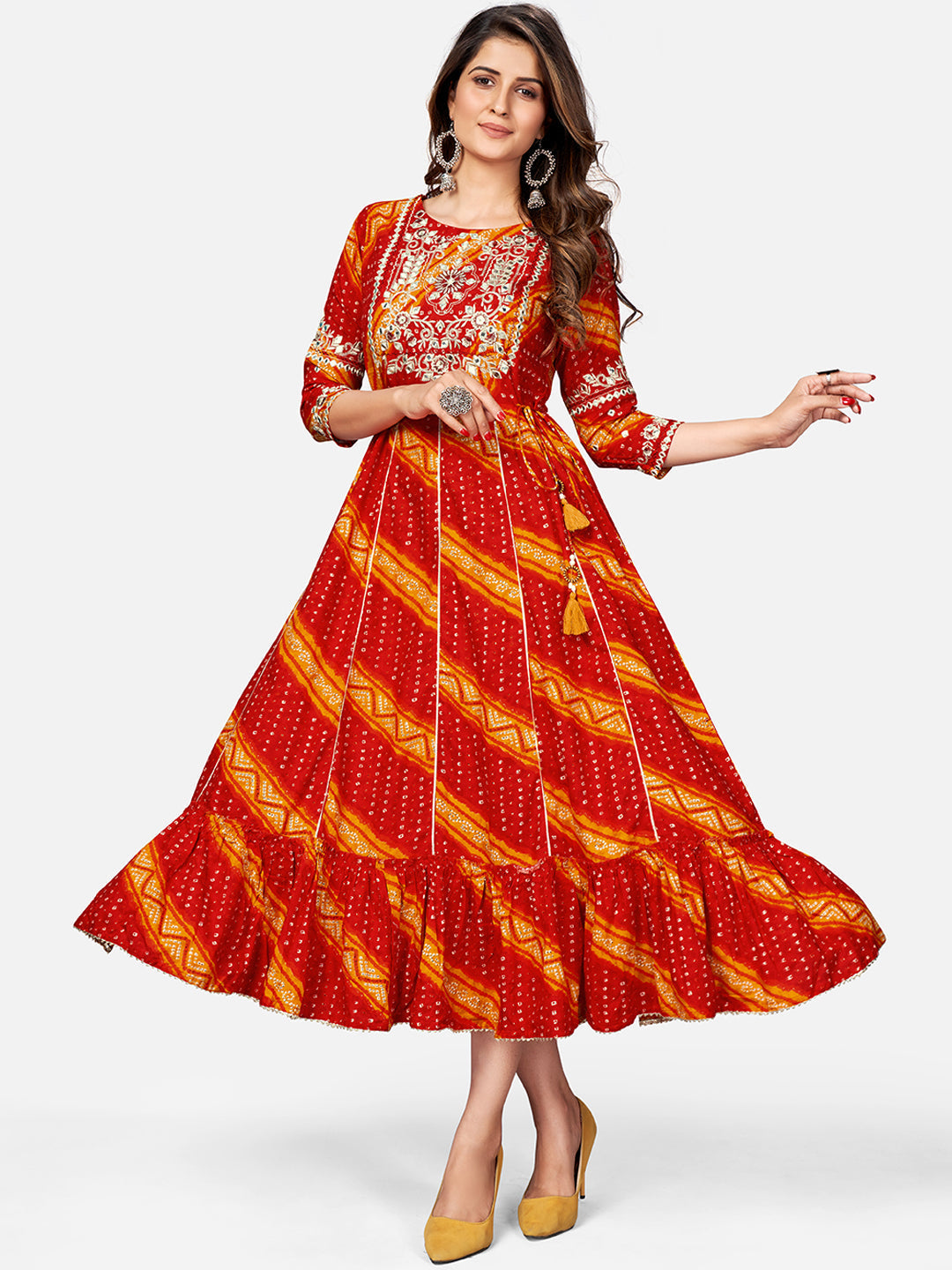 NOZ2TOZ Women's Red Bandhani Anarkali Kurta- (1pc Set) 