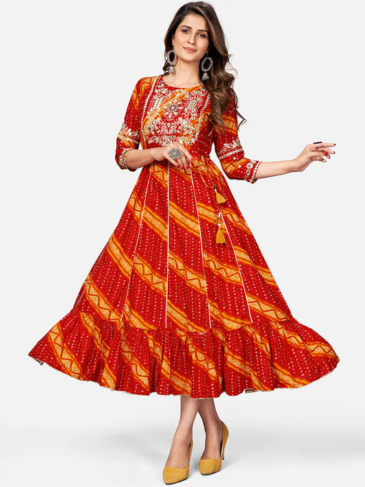 NOZ2TOZ Women's Red Bandhani Anarkali Kurta- (1pc Set) 