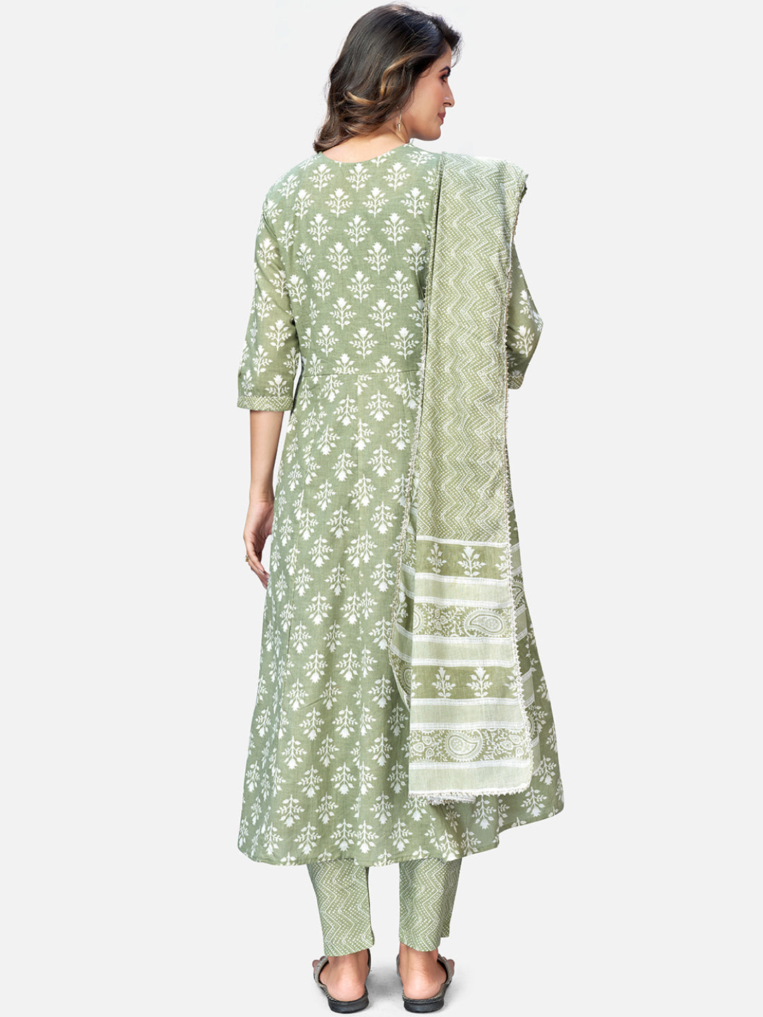 NOZ2TOZ Women Pista Green Anarkali Cotton Kurta With Pant & Dupatta (3pcs Set) 