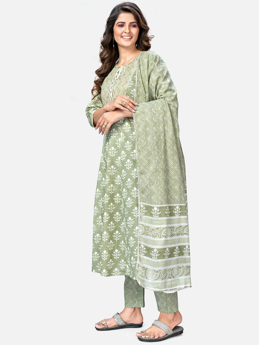 NOZ2TOZ Women Pista Green Anarkali Cotton Kurta With Pant & Dupatta (3pcs Set) 