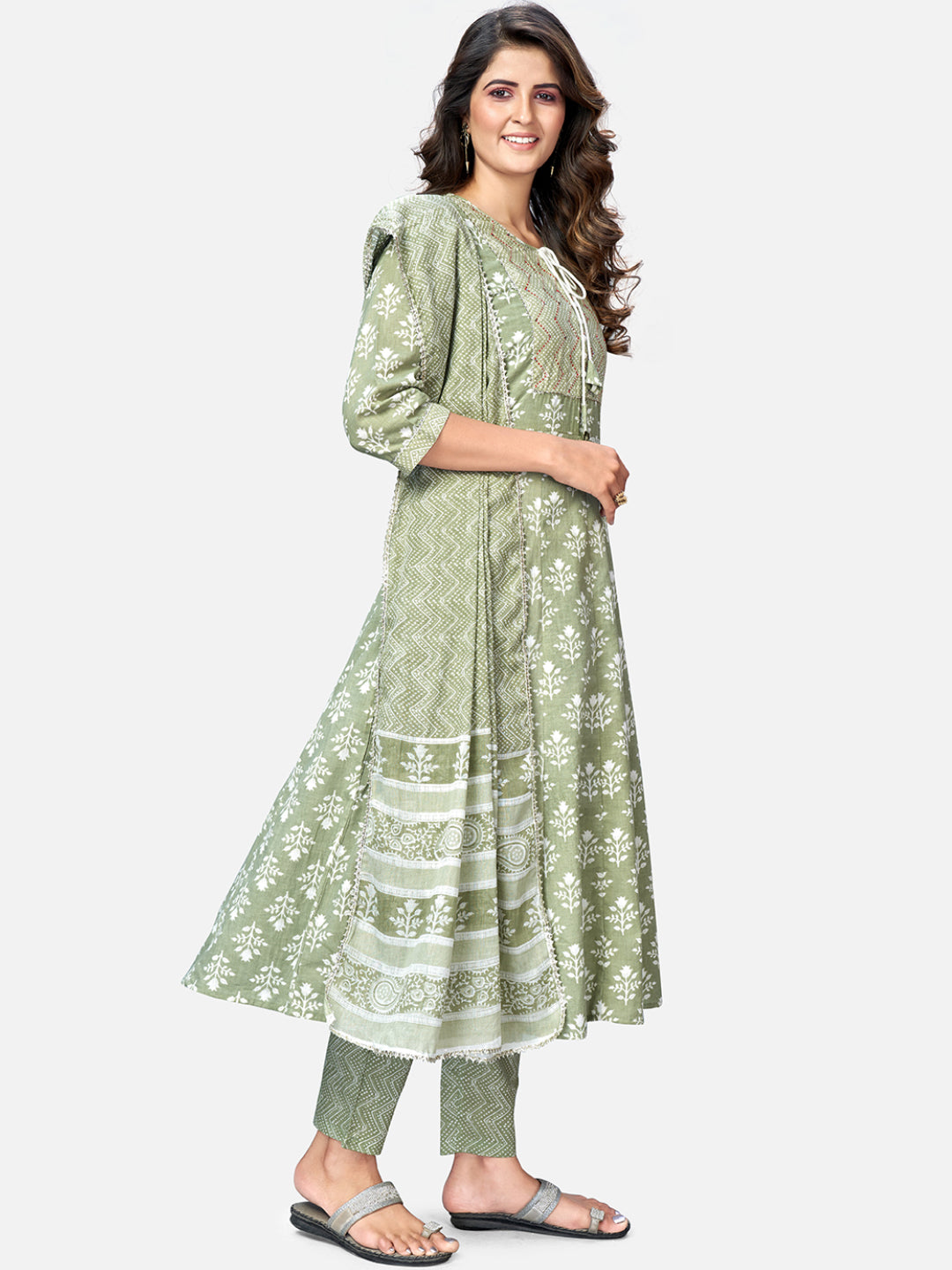 NOZ2TOZ Women Pista Green Anarkali Cotton Kurta With Pant & Dupatta (3pcs Set) 