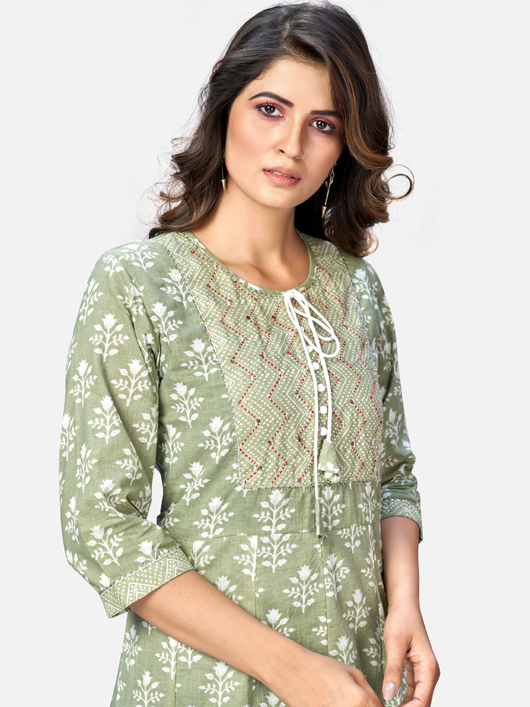 NOZ2TOZ Women Pista Green Anarkali Cotton Kurta With Pant & Dupatta (3pcs Set) 