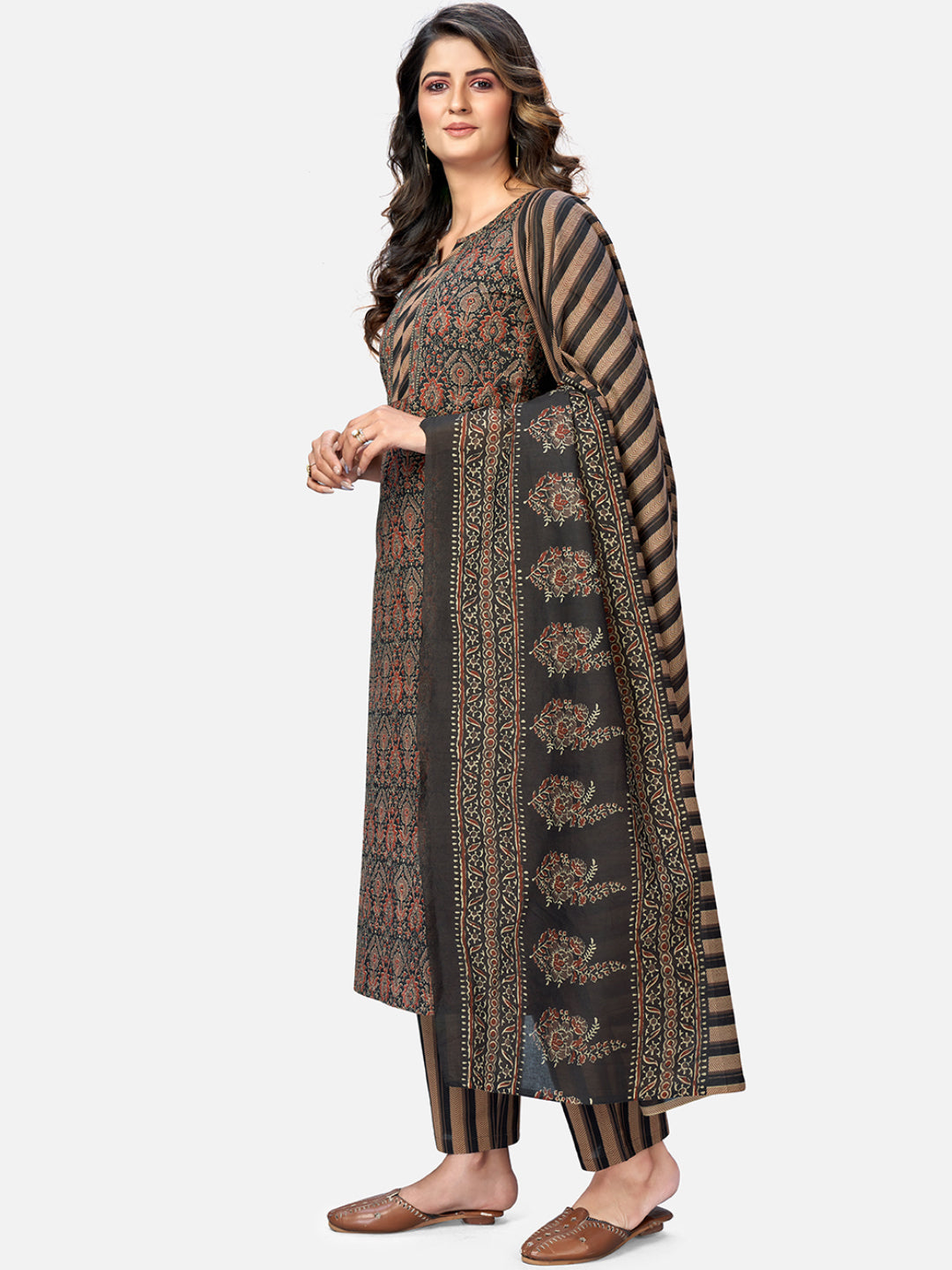 NOZ2TOZ Women's Brown Printed Kurta & Pant With Dupatta- (3pcs set) 