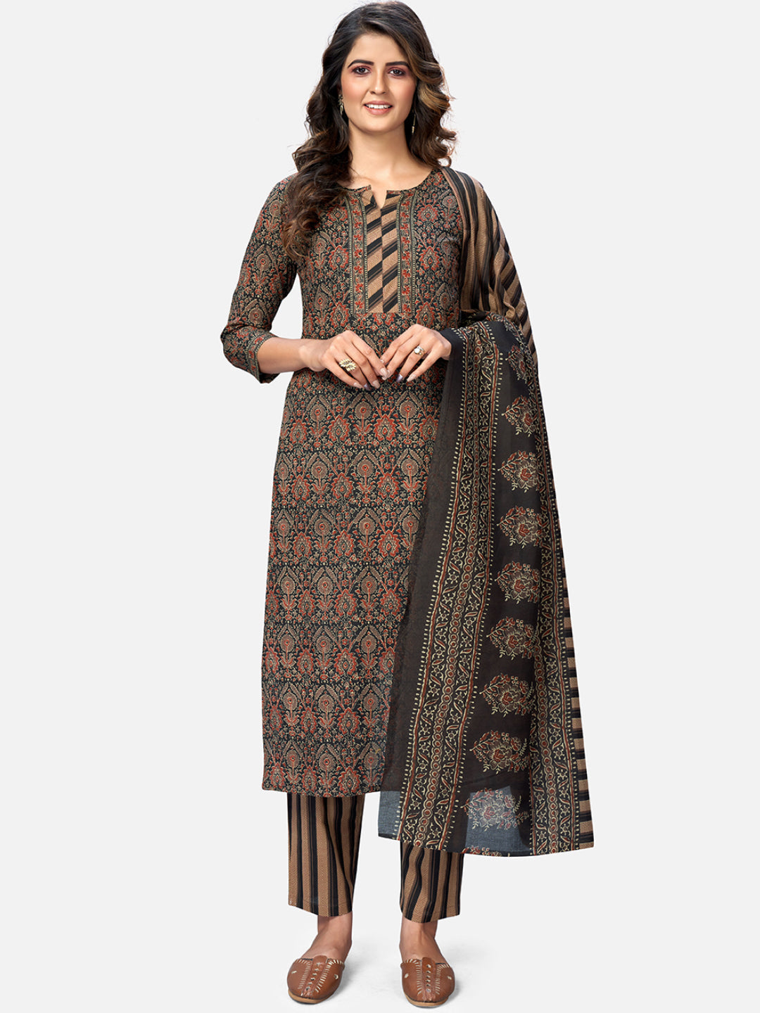 NOZ2TOZ Women's Brown Printed Kurta & Pant With Dupatta- (3pcs set) 