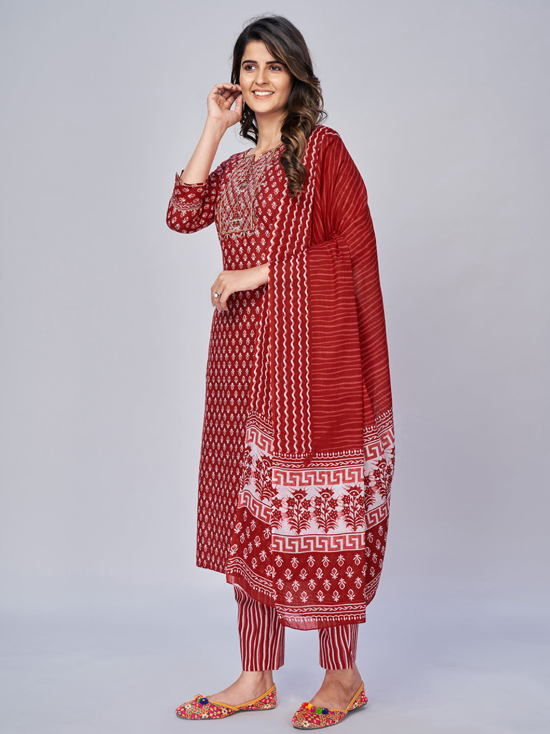 NOZ2TOZ Women's Printed & Embroidered Straight Cotton Red Kurta Pant With Dupatta 