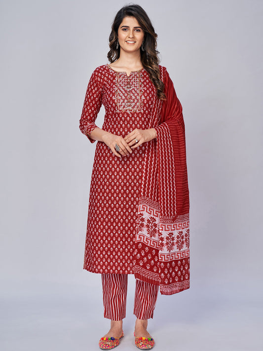 NOZ2TOZ Women's Printed & Embroidered Straight Cotton Red Kurta Pant With Dupatta 