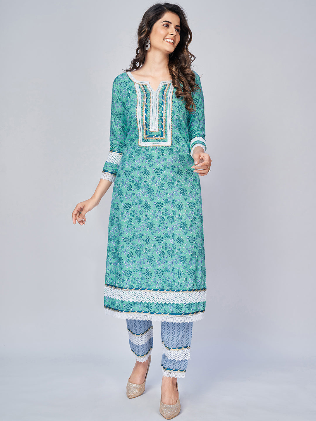NOZ2TOZ Women's Printed & Lace Work Straight Cotton Aqua Kurta Pant With Dupatta 