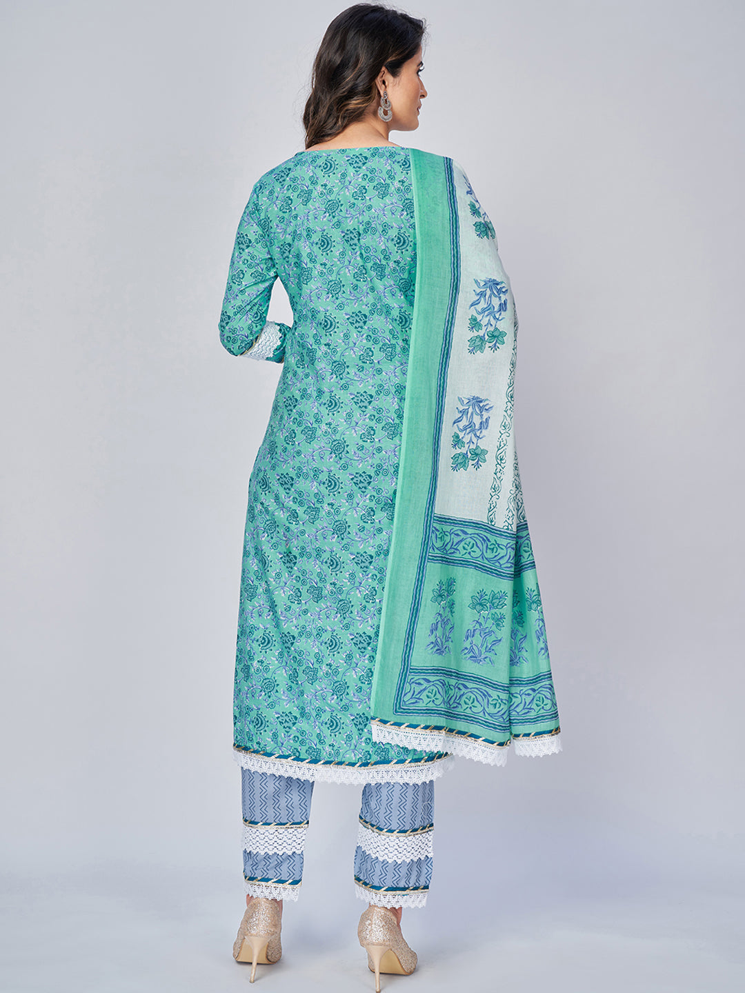 NOZ2TOZ Women's Printed & Lace Work Straight Cotton Aqua Kurta Pant With Dupatta 