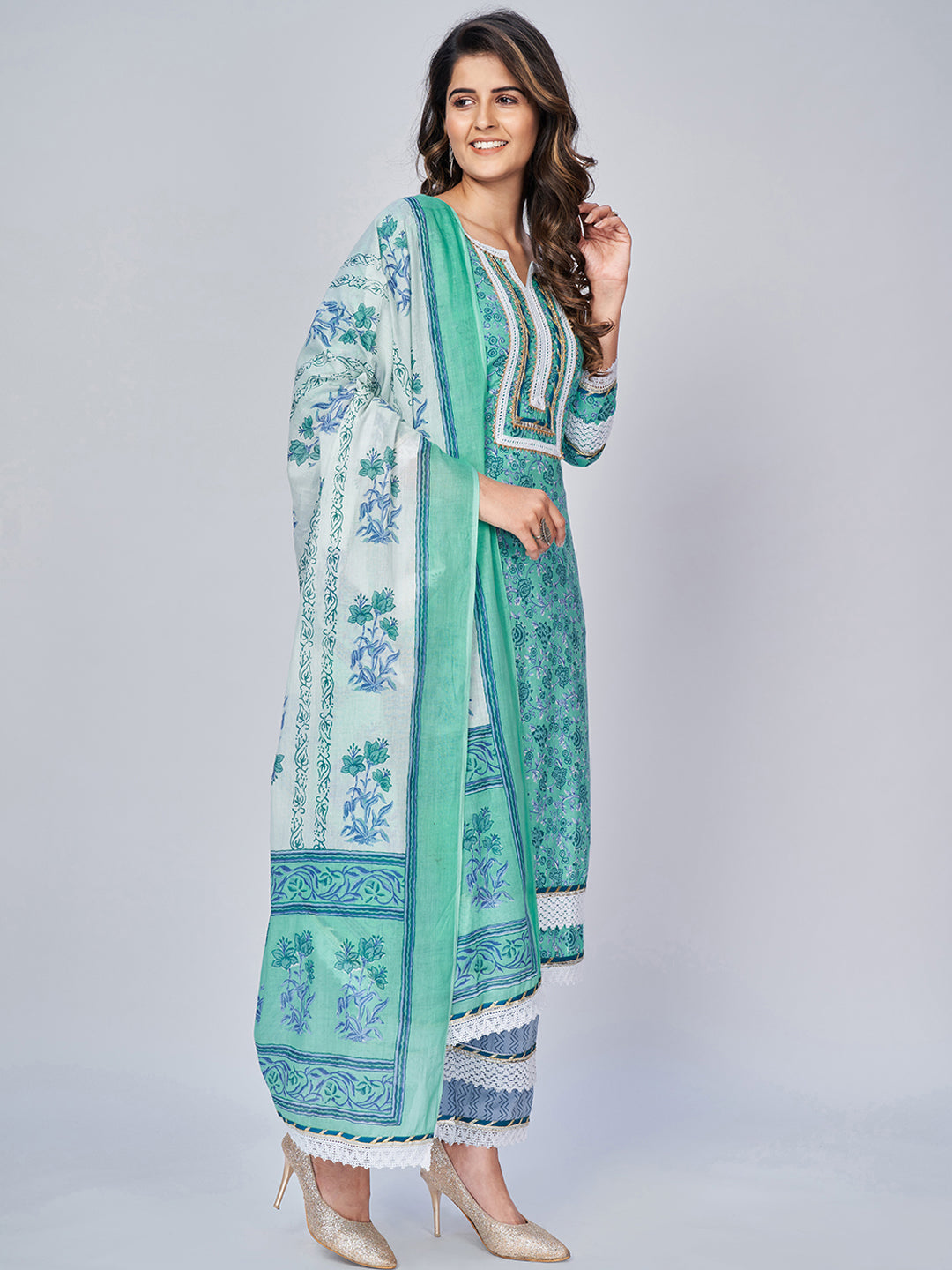NOZ2TOZ Women's Printed & Lace Work Straight Cotton Aqua Kurta Pant With Dupatta 