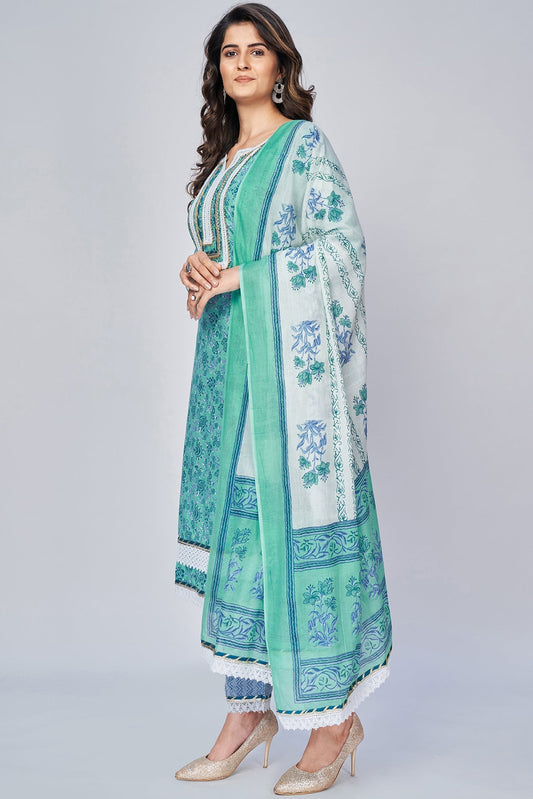 NOZ2TOZ Women's Printed & Lace Work Straight Cotton Aqua Kurta Pant With Dupatta 