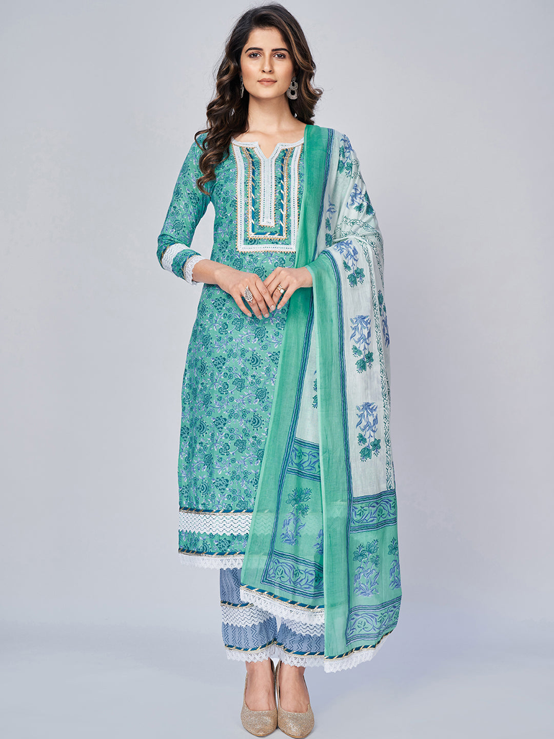 NOZ2TOZ Women's Printed & Lace Work Straight Cotton Aqua Kurta Pant With Dupatta 