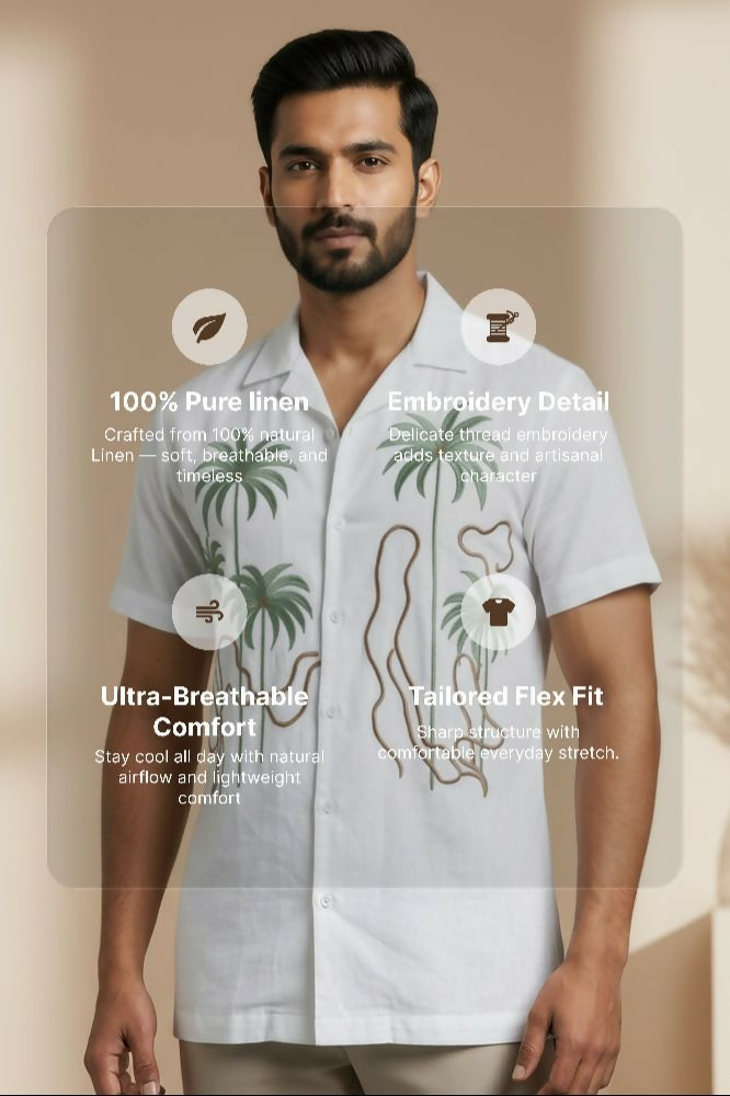 Tansira — White Palm Embroidered Linen Shirt by Hilo Design