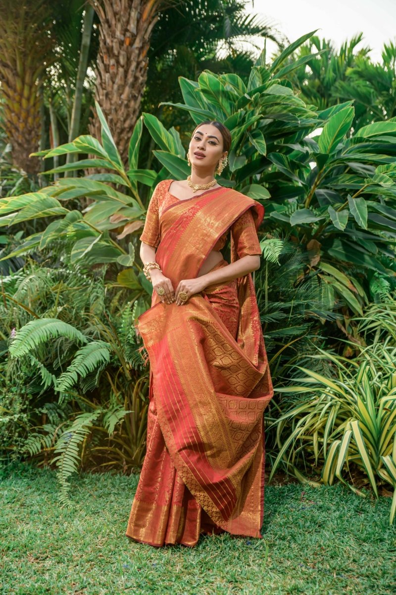 Aastha Fashion Women's Red Kanchipuram Silk Zari Woven Saree with Blouse - Grab2buy