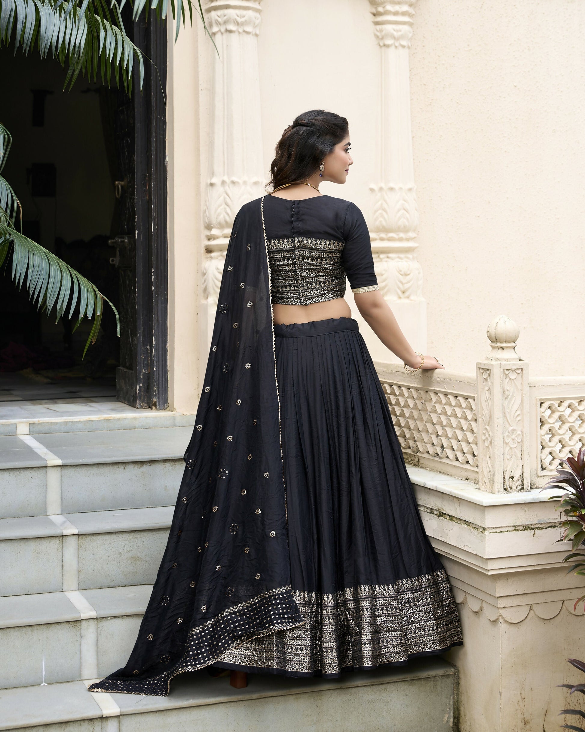 Lorenvalley Black Pure Chanderi Plain With Zari Weaving Work Border Lehenga Choli 