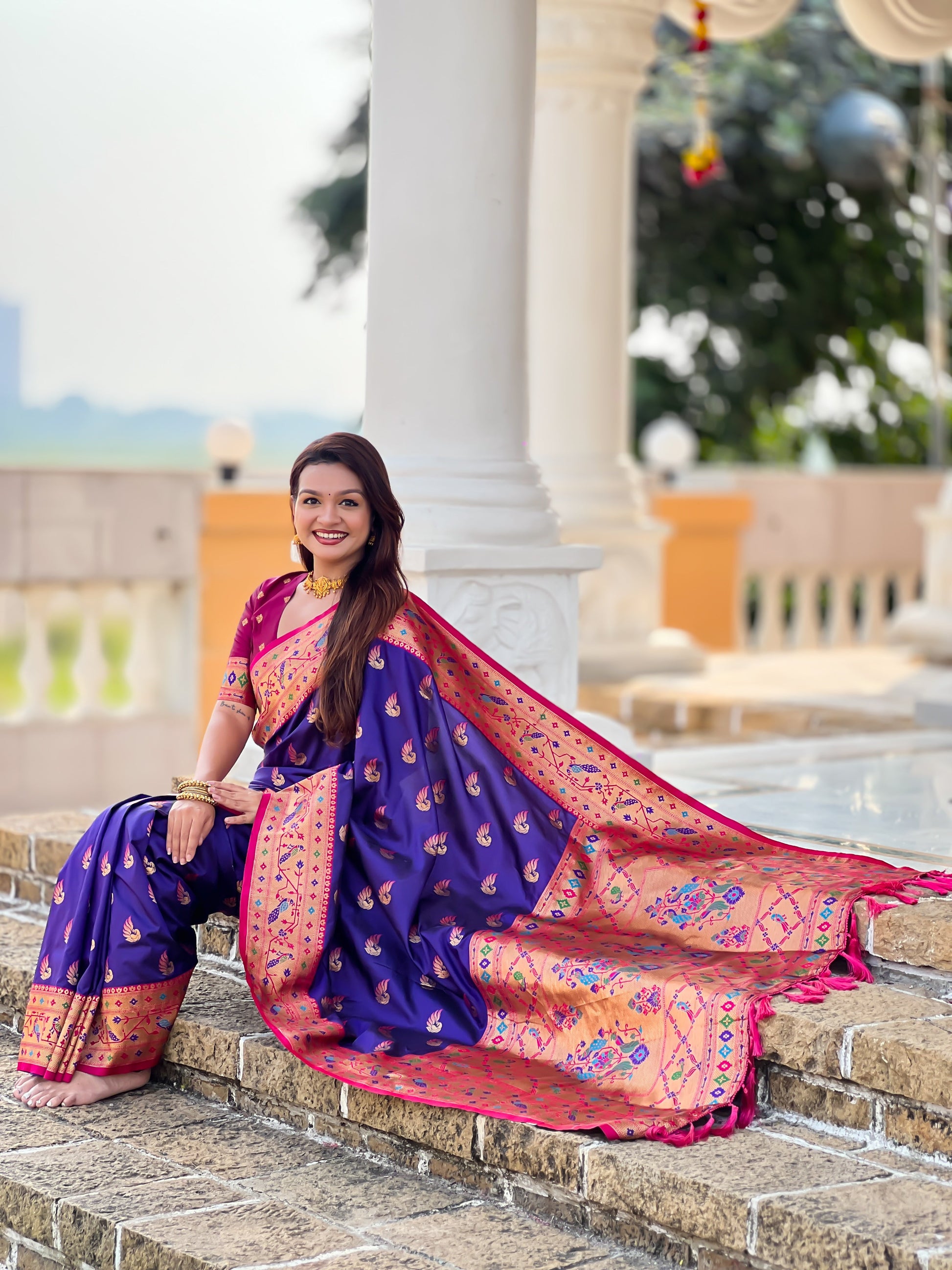 Mameraa Sarees Purple Faux Banarasi Silk Saree With Paithani Rich Weaved Pallu And Blouse-Purple