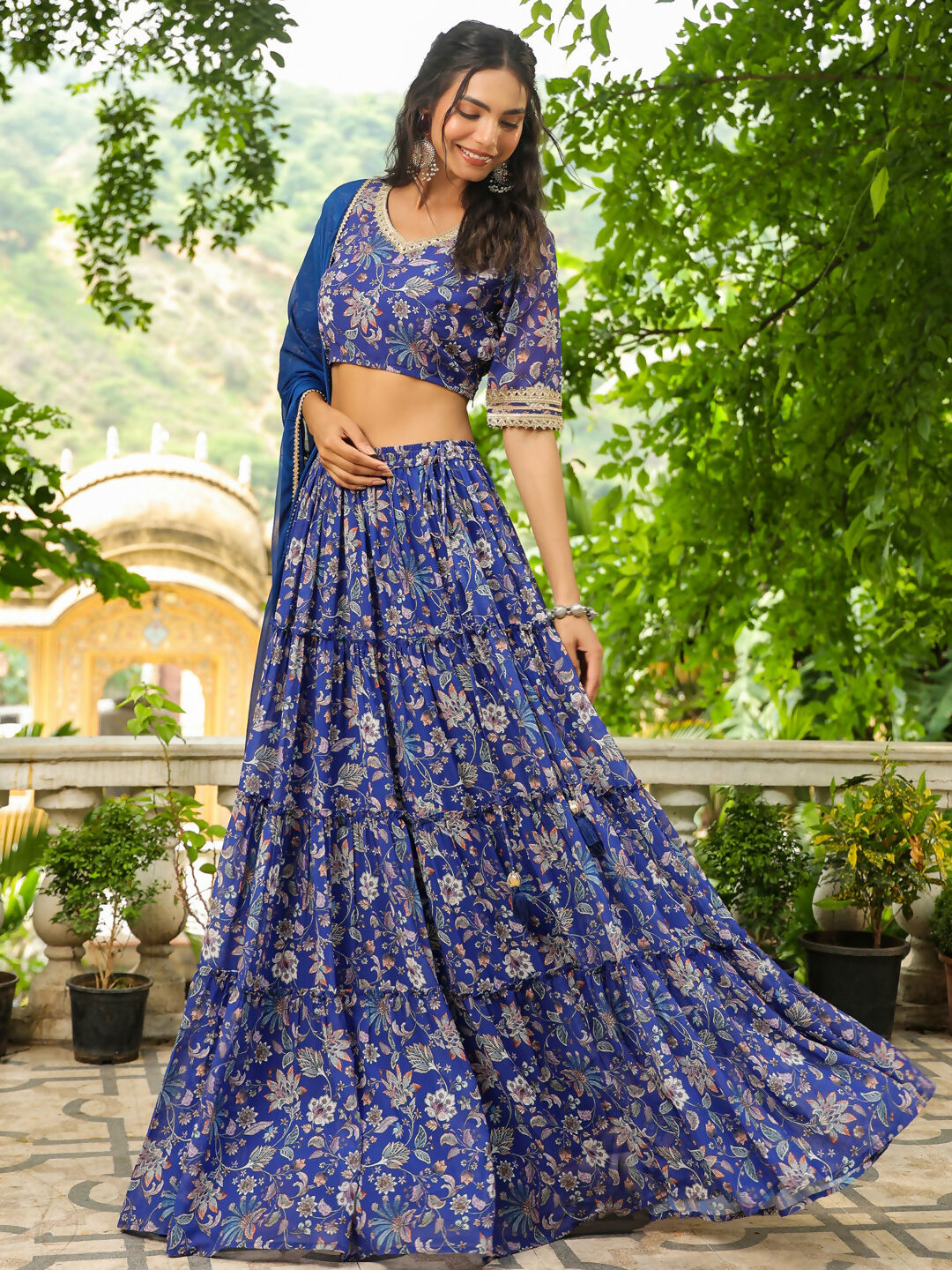 Janasya Blue Georgette Floral Lehenga Choli Dupatta 