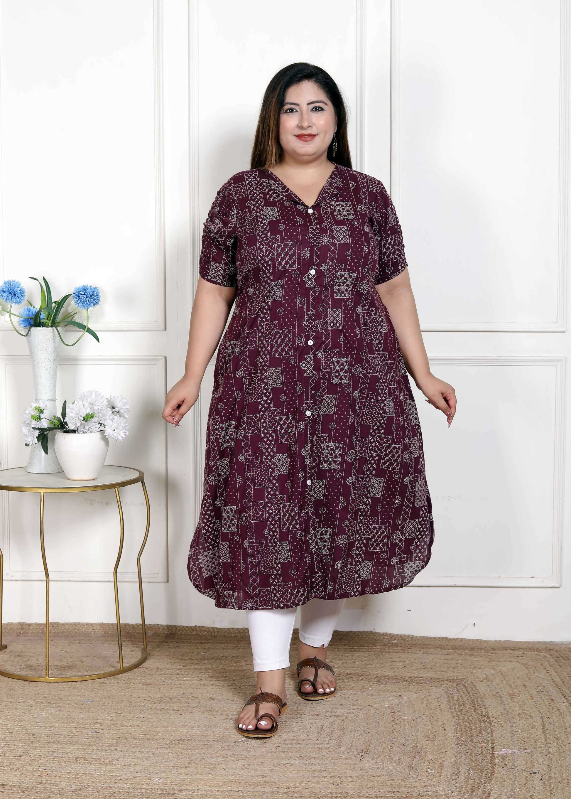 Miravan Women's Plus Size Wine Mandarin Neck Floral Printed A-Line Party wear Kurta | Grab2Buy