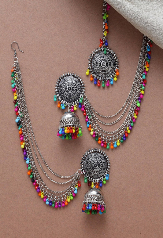 Mominos Fashion Johar Kamal Bahubali Multi Beads Earrings With Tikka - Grab2buy